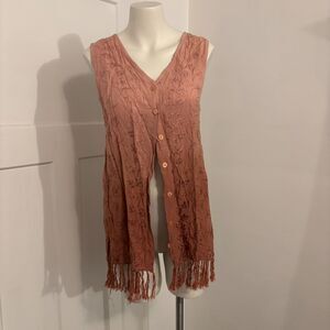 Vintage Raviya size Medium Ombre Pink Rayon Embroidered Long Boho Fringe Top